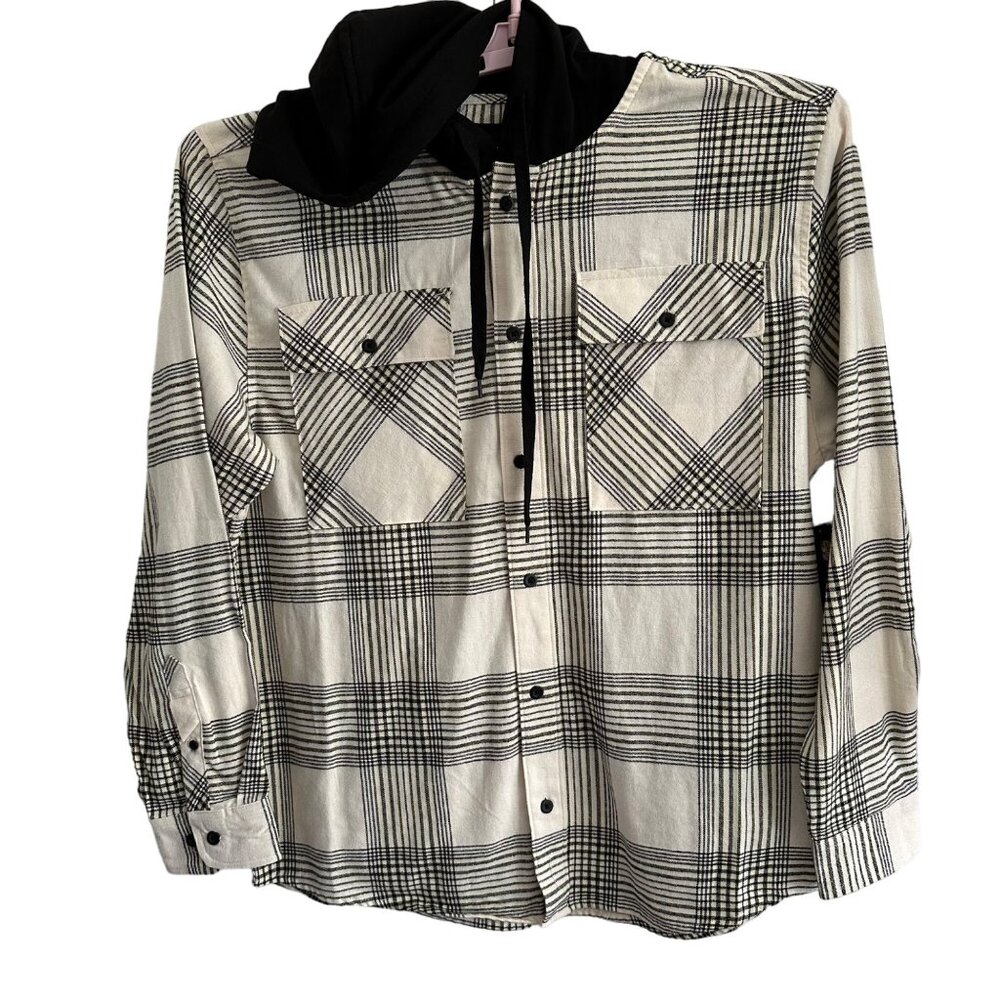 No Boundaries Oversized Men's Large Black Cream Plaid Hooded Flannel Shacket NWT - Picture 2 of 10